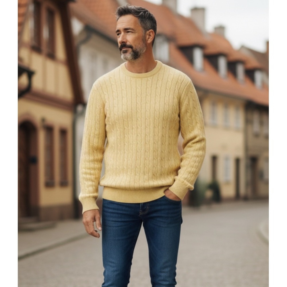 Men's Yellow Cable Knit Crewneck Sweater